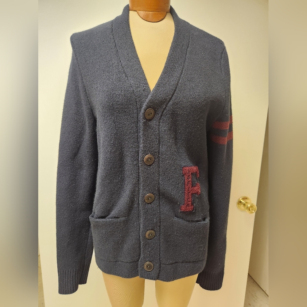 Abercrombie & Fitch Cardigan‎ Mens M Navy Letterman Sweater University Logo